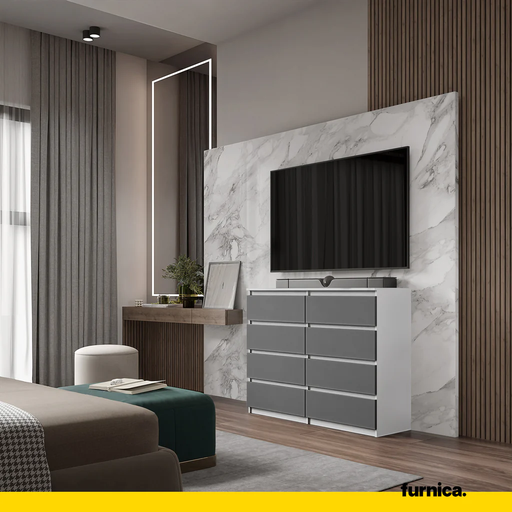 GABRIEL - Cómoda de 8 cajones - Armario de almacenamiento para dormitorio - Blanco Mate / Antracita A92cm A120cm P33cm (2)