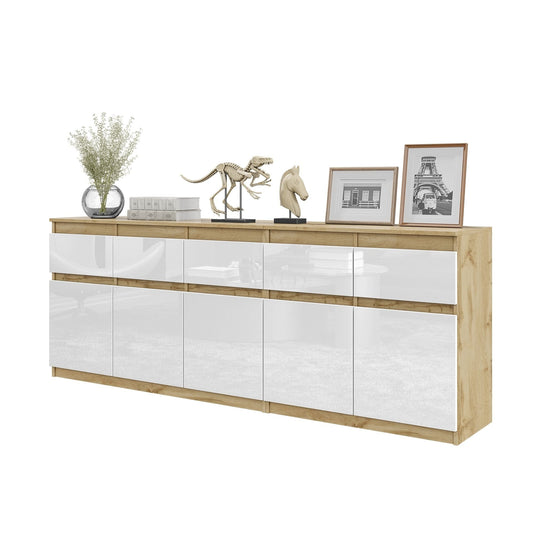 NOAH - Cómoda de 5 cajones y 5 puertas - Armario de almacenamiento para dormitorio - Aparador - Roble Wotan / Blanco