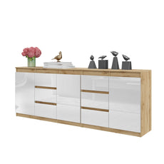 MIKEL - Cómoda de 6 cajones y 3 puertas - Armario de almacenamiento para dormitorio - Aparador - Roble Wotan / Blanco Brillante - A75cm A200cm P35cm