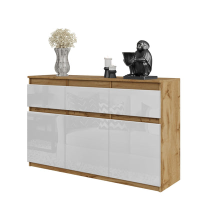 NOAH - Cómoda de 3 cajones y 3 puertas - Armario de almacenamiento para dormitorio - Aparador - Roble Wotan / Blanco