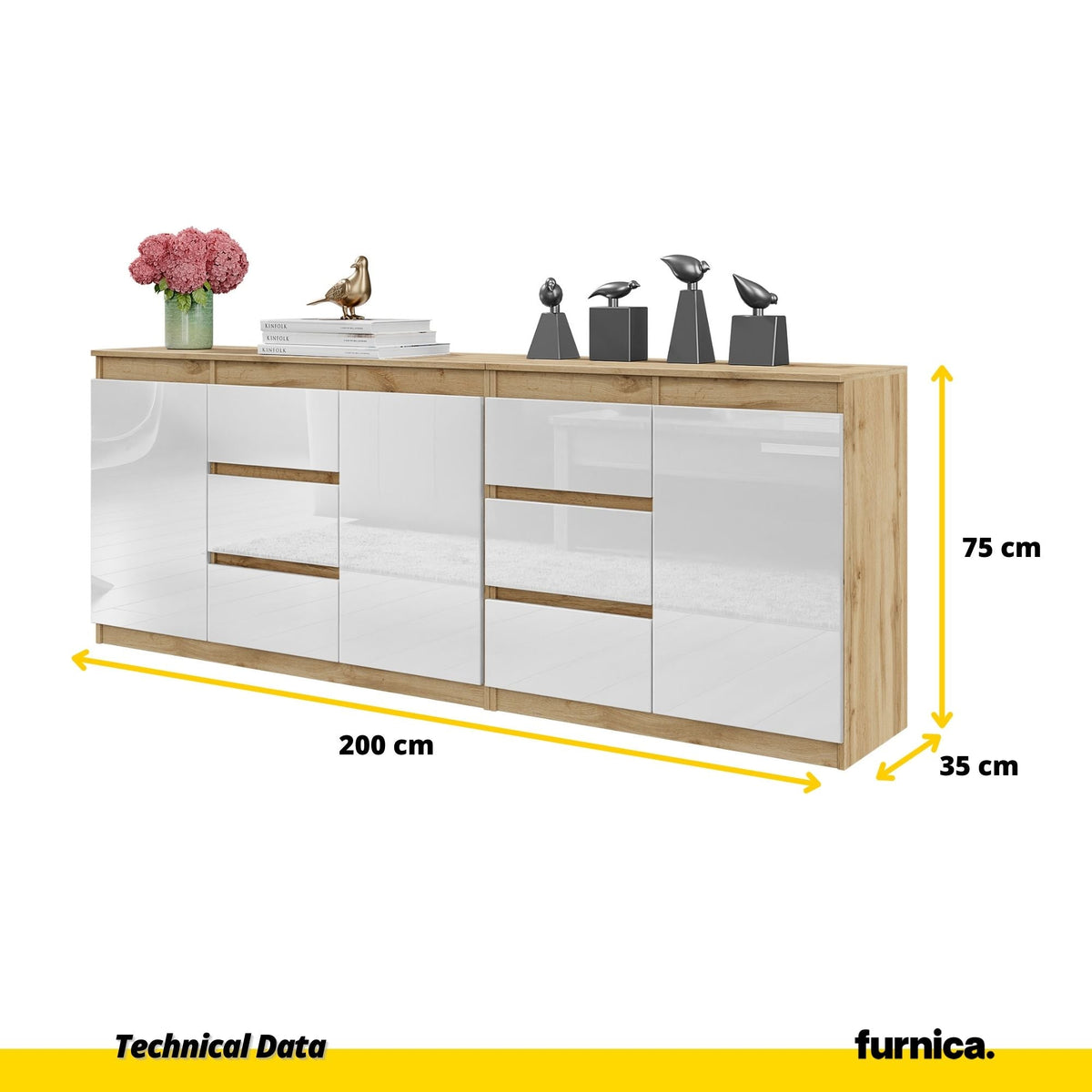 MIKEL - Cómoda de 6 cajones y 3 puertas - Armario de almacenamiento para dormitorio - Aparador - Roble Wotan / Blanco (2)