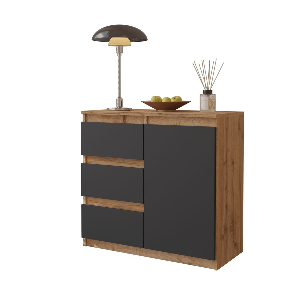 MIKEL - Cómoda de 3 cajones y 1 puerta - Gabinete de almacenamiento para dormitorio - Aparador - Roble Wotan / Antracita