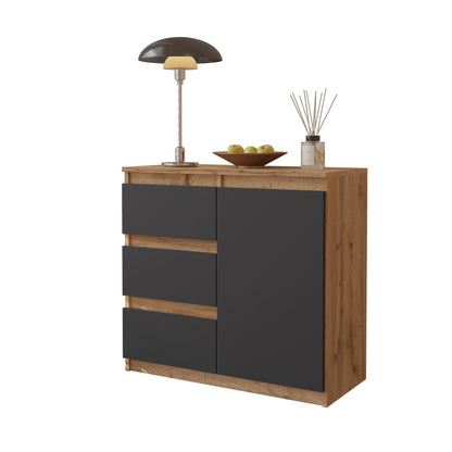 MIKEL - Cómoda de 3 cajones y 1 puerta - Gabinete de almacenamiento para dormitorio - Aparador - Roble Wotan / Antracita
