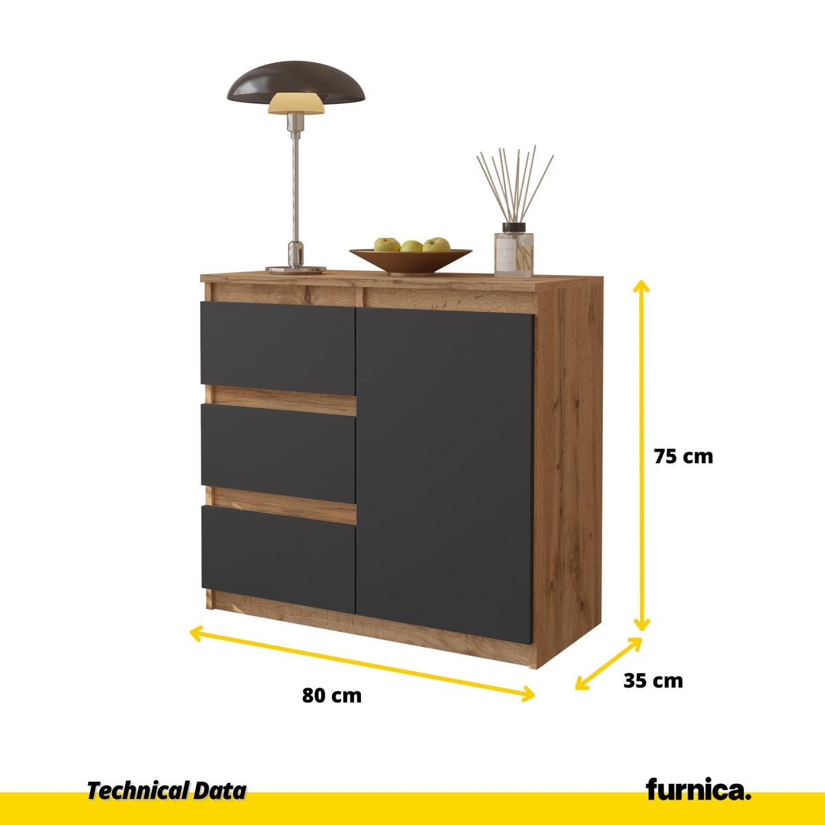 MIKEL - Cómoda de 3 cajones y 1 puerta - Gabinete de almacenamiento para dormitorio - Aparador - Roble Wotan / Antracita (2)
