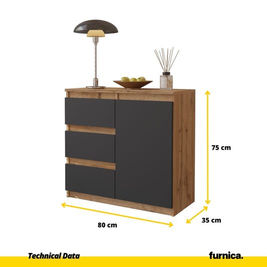 MIKEL - Cómoda de 3 cajones y 1 puerta - Gabinete de almacenamiento para dormitorio - Aparador - Roble Wotan / Antracita A75cm A80cm P35cm