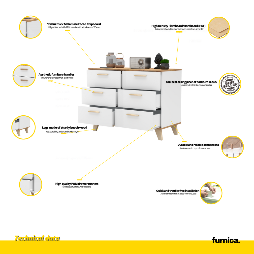 INGRID - Cómoda escandinava de 6 cajones - Blanco Mate / Roble Wotan - A75cm A100cm P45cm