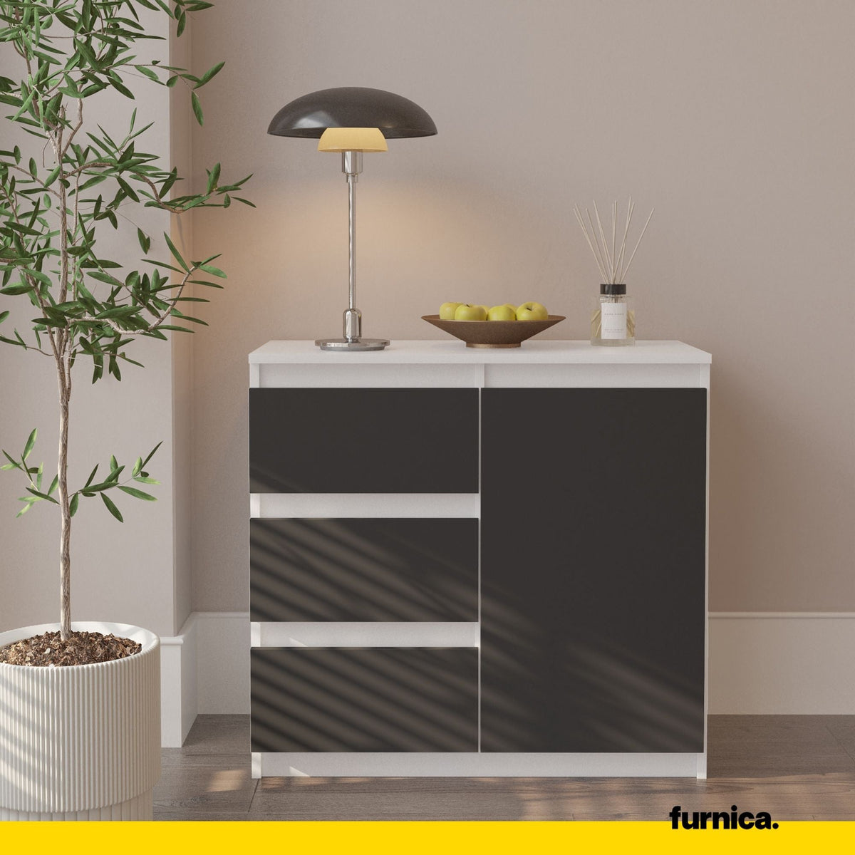MIKEL - Cómoda de 3 cajones y 1 puerta - Armario de almacenamiento para dormitorio - Blanco Mate / Antracita A75cm A80cm (3)
