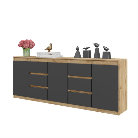 MIKEL - Cómoda de 6 cajones y 3 puertas - Armario de almacenamiento para el dormitorio - Aparador - Roble Wotan / Antracita