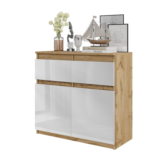 NOAH - Cómoda de 2 cajones y 2 puertas - Armario de almacenamiento para dormitorio - Aparador - Roble Wotan / Blanco