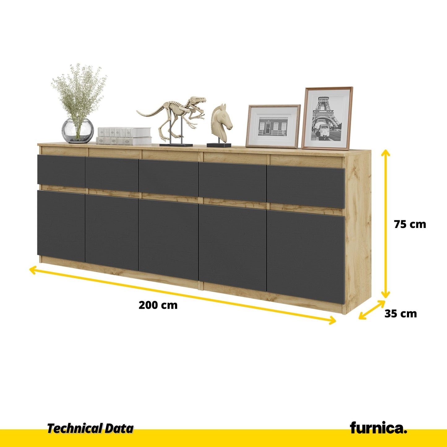 NOAH - Cómoda de 5 cajones y 5 puertas - Armario de almacenamiento para dormitorio - Aparador - Roble Wotan / Antracita - A75cm A200cm P35cm