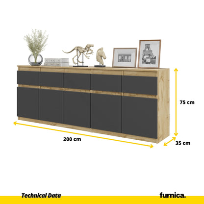 NOAH - Cómoda de 5 cajones y 5 puertas - Armario de almacenamiento para dormitorio - Aparador - Roble Wotan / Antracita - A75cm A200cm P35cm