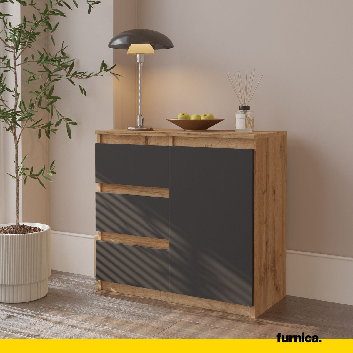 MIKEL - Cómoda de 3 cajones y 1 puerta - Gabinete de almacenamiento para dormitorio - Aparador - Roble Wotan / Antracita (4)