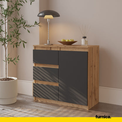 MIKEL - Cómoda de 3 cajones y 1 puerta - Gabinete de almacenamiento para dormitorio - Aparador - Roble Wotan / Antracita (4)
