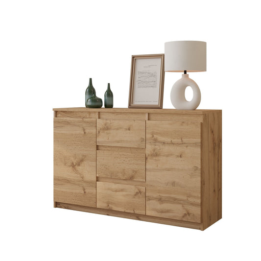 MIKEL - Cómoda de 3 cajones y 2 puertas - Armario de almacenamiento para el dormitorio - Aparador - Roble Wotan - A75cm