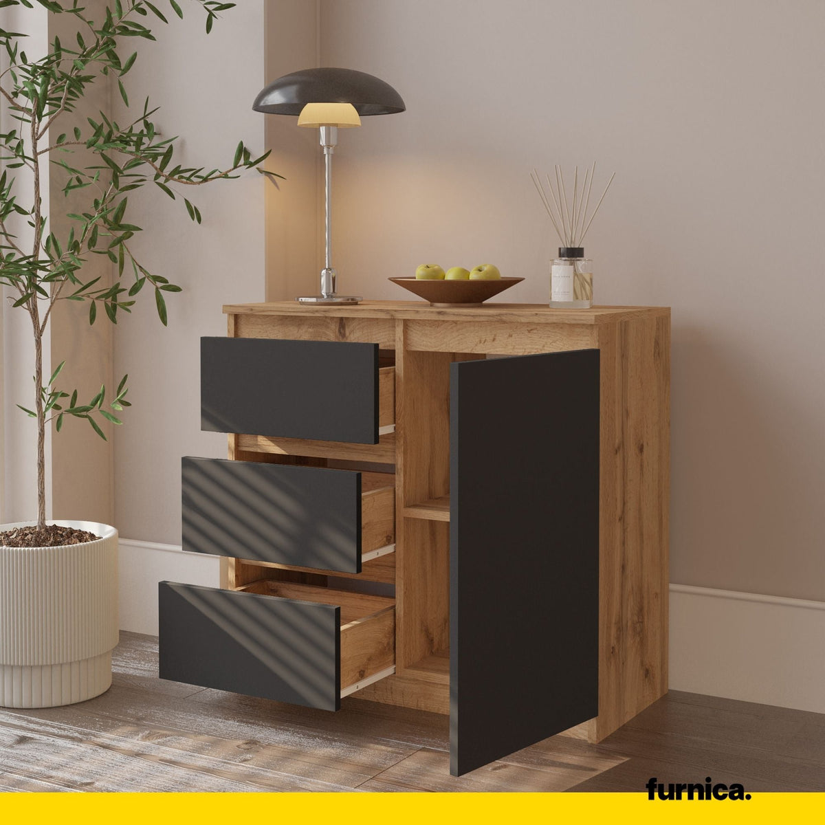 MIKEL - Cómoda de 3 cajones y 1 puerta - Gabinete de almacenamiento para dormitorio - Aparador - Roble Wotan / Antracita (5)