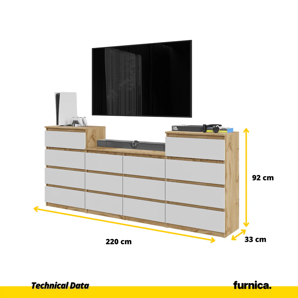 GABRIEL - Cómoda de 14 cajones (4+6+4) - Armario de almacenamiento para el dormitorio - Aparador - Roble Wotan / Blanco Mate A92cm A220cm P33cm