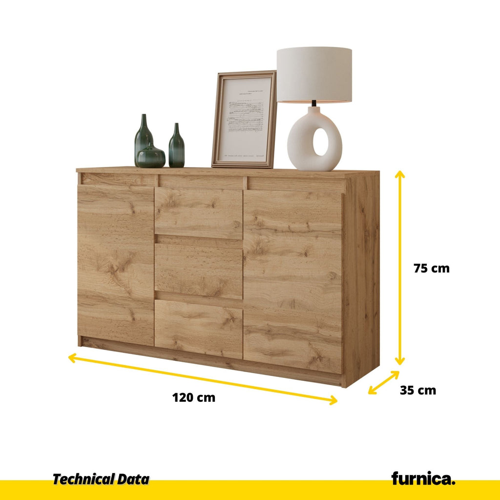 MIKEL - Cómoda de 3 cajones y 2 puertas - Armario de almacenamiento para el dormitorio - Aparador - Roble Wotan - A75cm A120cm P35cm