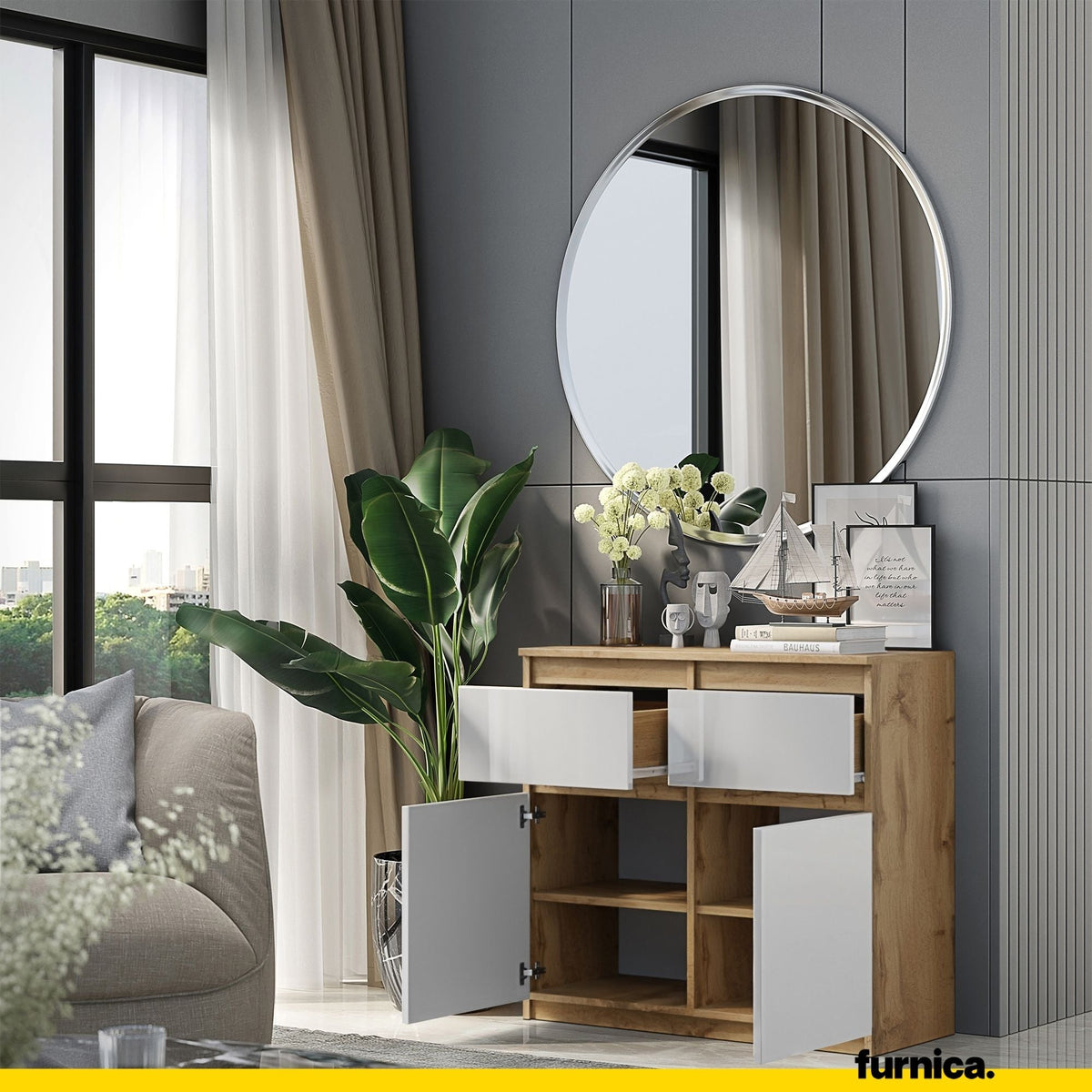 NOAH - Cómoda de 2 cajones y 2 puertas - Armario de almacenamiento para dormitorio - Aparador - Roble Wotan / Blanco (4)