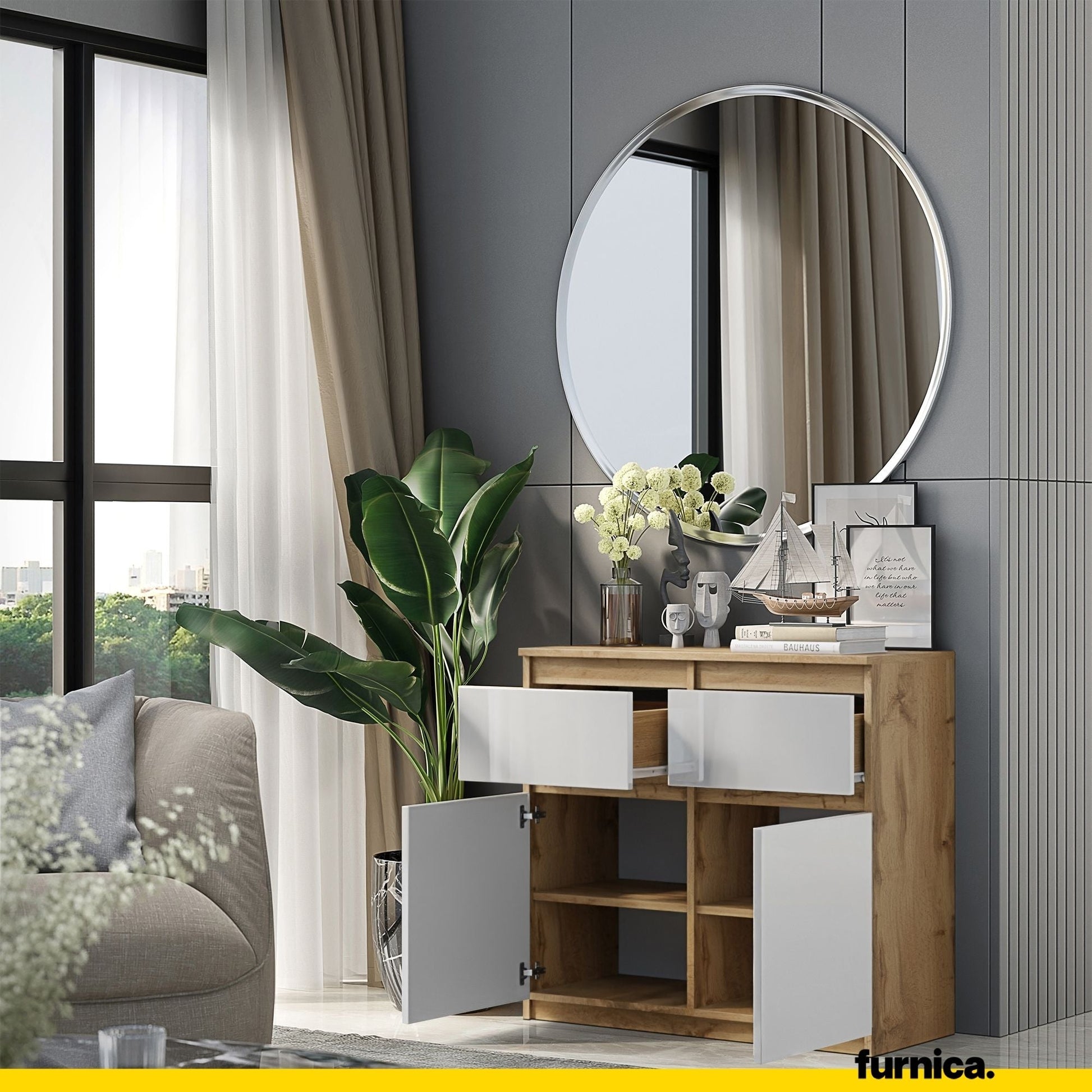 NOAH - Cómoda de 2 cajones y 2 puertas - Armario de almacenamiento para dormitorio - Aparador - Roble Wotan / Blanco (4)