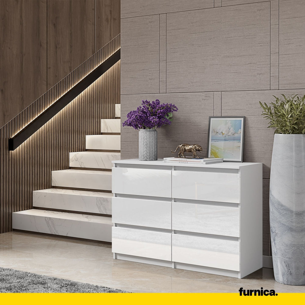 GABRIEL - Cómoda de 6 cajones - Armario de almacenamiento para dormitorio - Blanco Mate / Blanco Brillante A71cm A100cm (3)