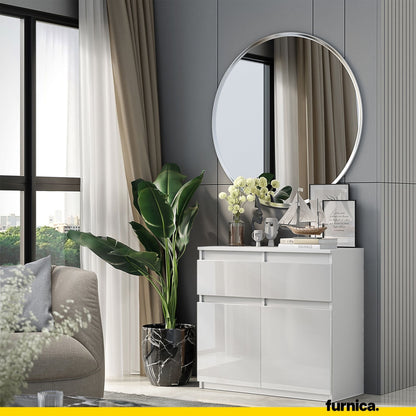 NOAH - Cómoda de 2 cajones y 2 puertas - Armario de almacenamiento para dormitorio - Blanco Mate / Blanco Brillante - (3)
