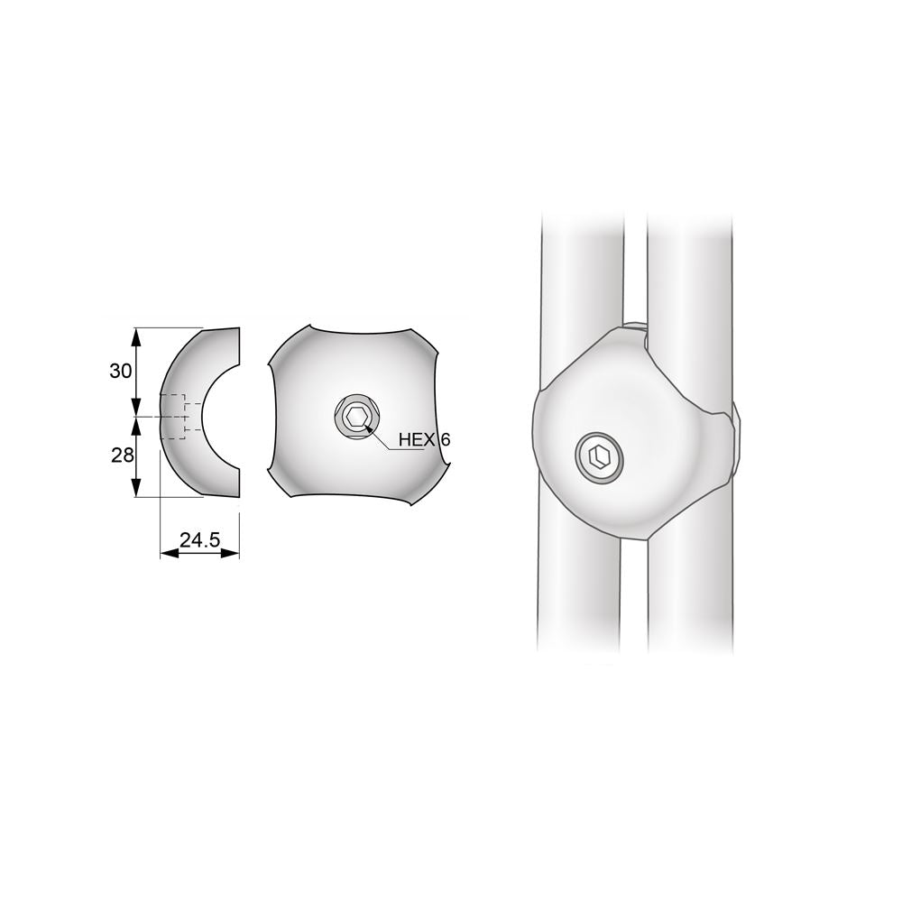 Conector de bola paralelo de 25 mm, cromado