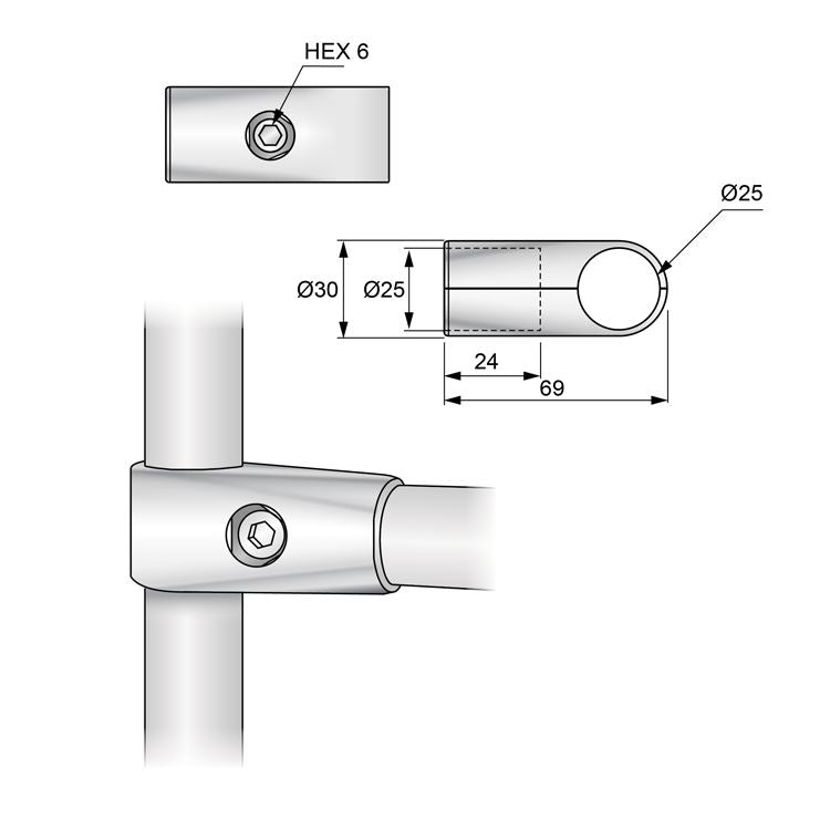 Conector de brazo único de 25 mm, cromado