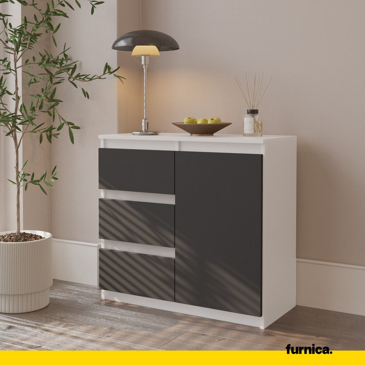 MIKEL - Cómoda de 3 cajones y 1 puerta - Armario de almacenamiento para dormitorio - Blanco Mate / Antracita A75cm A80cm (4)