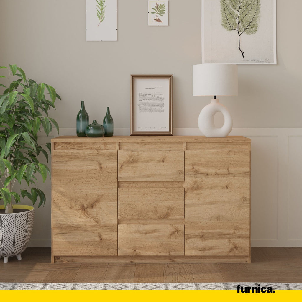 MIKEL - Cómoda de 3 cajones y 2 puertas - Armario de almacenamiento para el dormitorio - Aparador - Roble Wotan - A75cm A120cm P35cm