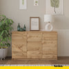 MIKEL - Cómoda de 3 cajones y 2 puertas - Armario de almacenamiento para el dormitorio - Aparador - Roble Wotan - A75cm A120cm P35cm