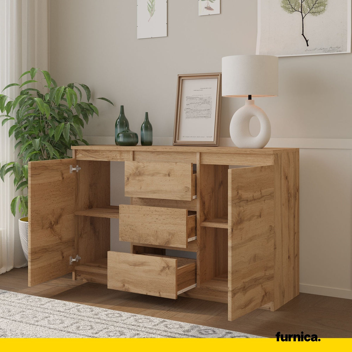 MIKEL - Cómoda de 3 cajones y 2 puertas - Armario de almacenamiento para el dormitorio - Aparador - Roble Wotan - A75cm (5)