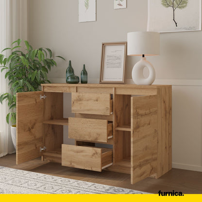 MIKEL - Cómoda de 3 cajones y 2 puertas - Armario de almacenamiento para el dormitorio - Aparador - Roble Wotan - A75cm (5)