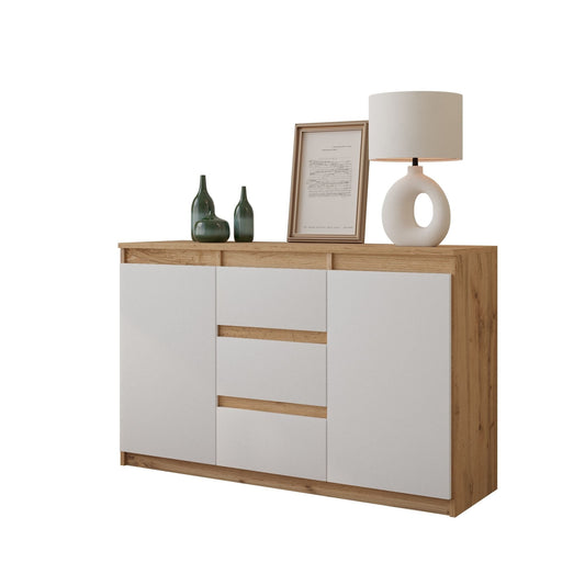 MIKEL - Cómoda de 3 cajones y 2 puertas - Armario de almacenamiento para el dormitorio - Aparador - Roble Wotan / Blanco