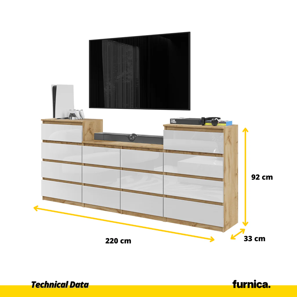 GABRIEL - Cómoda de 14 cajones (4+6+4) - Armario de almacenamiento para el dormitorio - Aparador - Roble Wotan / Blanco Brillante A92cm A220cm P33cm