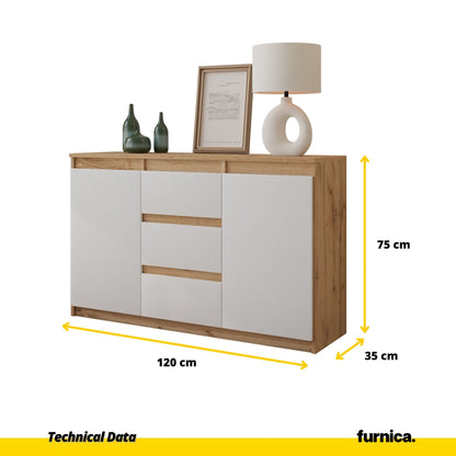 MIKEL - Cómoda de 3 cajones y 2 puertas - Armario de almacenamiento para el dormitorio - Aparador - Roble Wotan / Blanco (2)