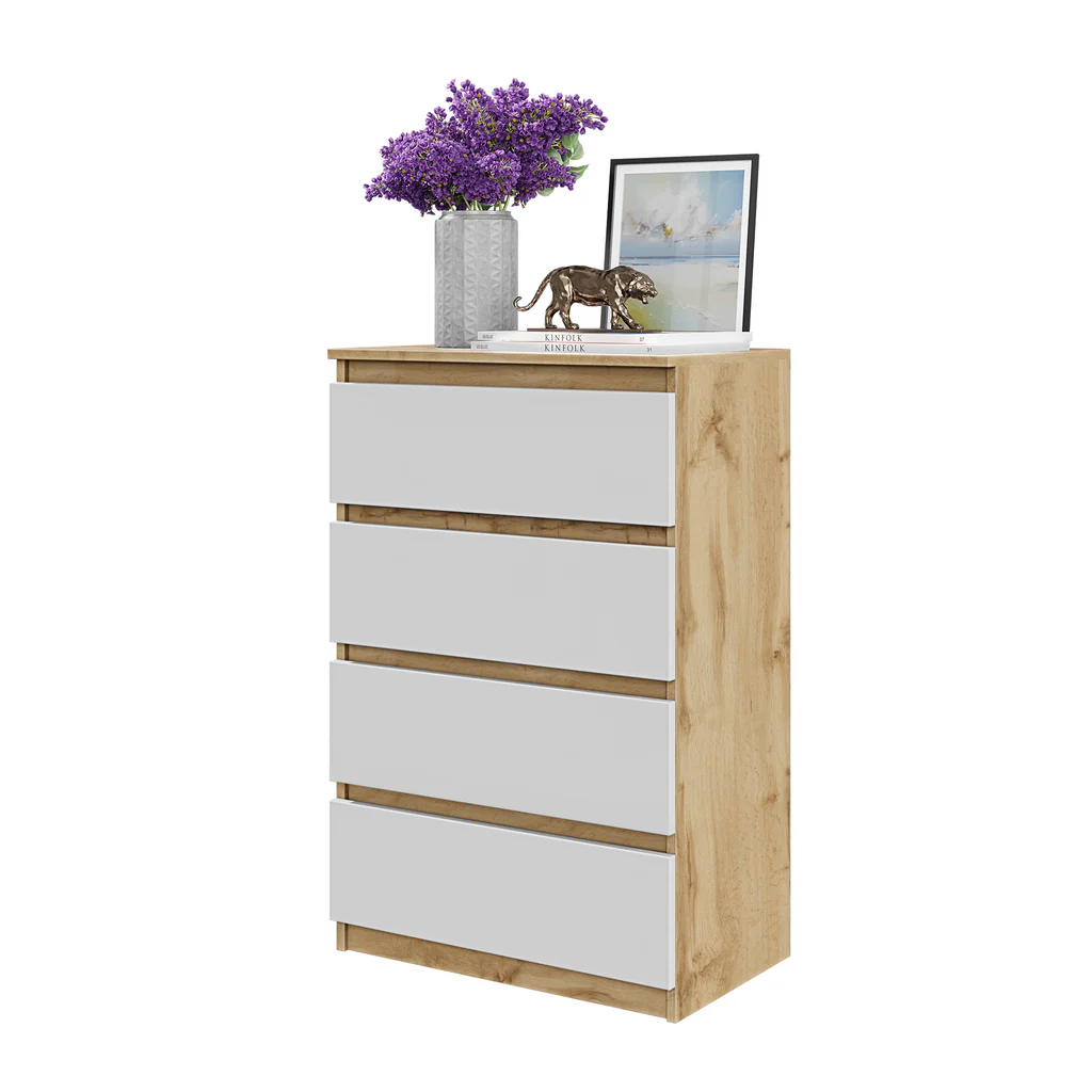 GABRIEL - Cómoda de 4 cajones - Armario de almacenamiento para el dormitorio - Aparador - Roble Wotan / Blanco Mate A92cm