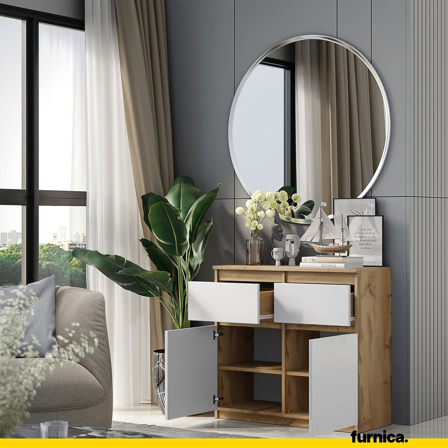NOAH - Cómoda de 2 cajones y 2 puertas - Armario de almacenamiento para dormitorio - Aparador - Roble Wotan / Blanco (4)
