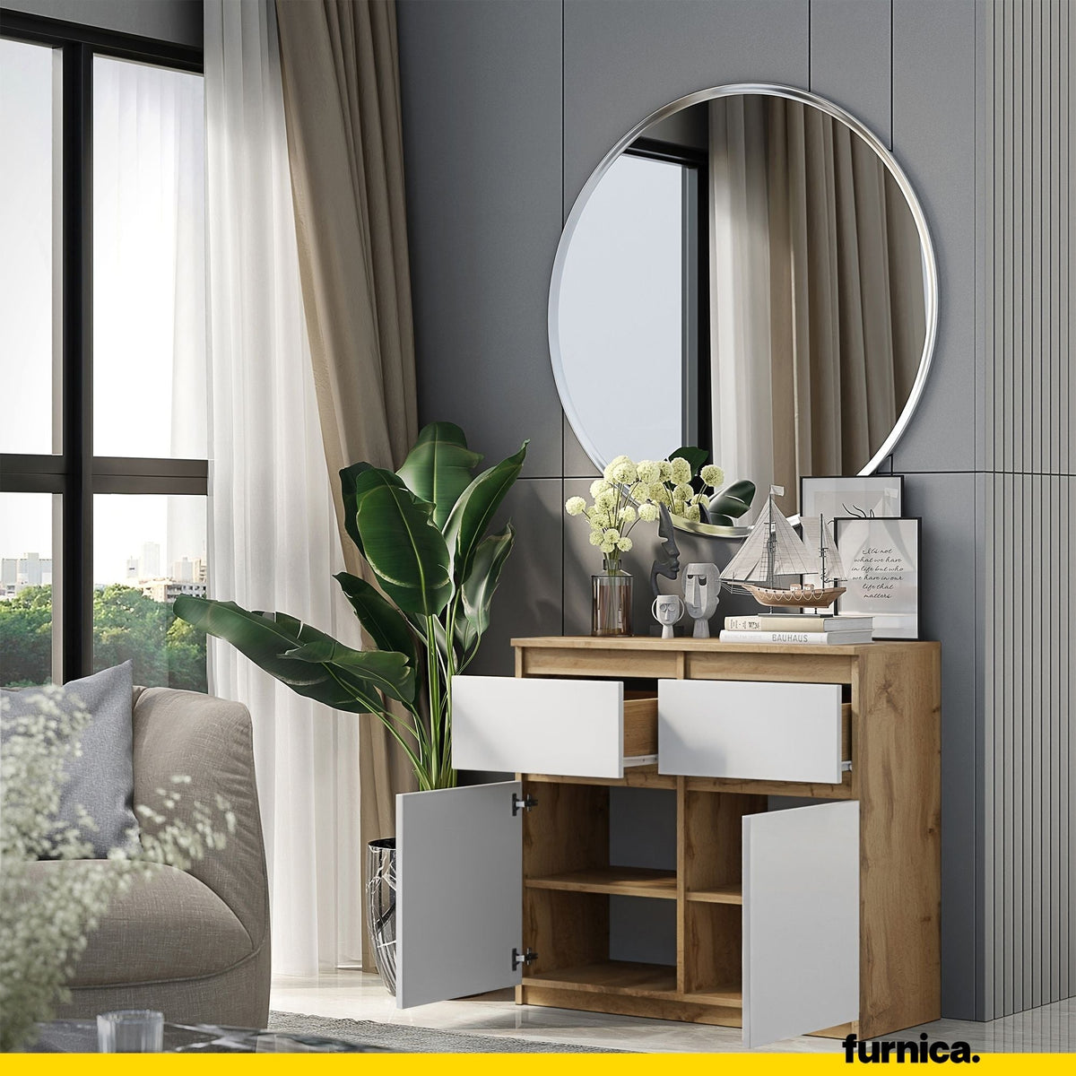 NOAH - Cómoda de 2 cajones y 2 puertas - Armario de almacenamiento para dormitorio - Aparador - Roble Wotan / Blanco (4)