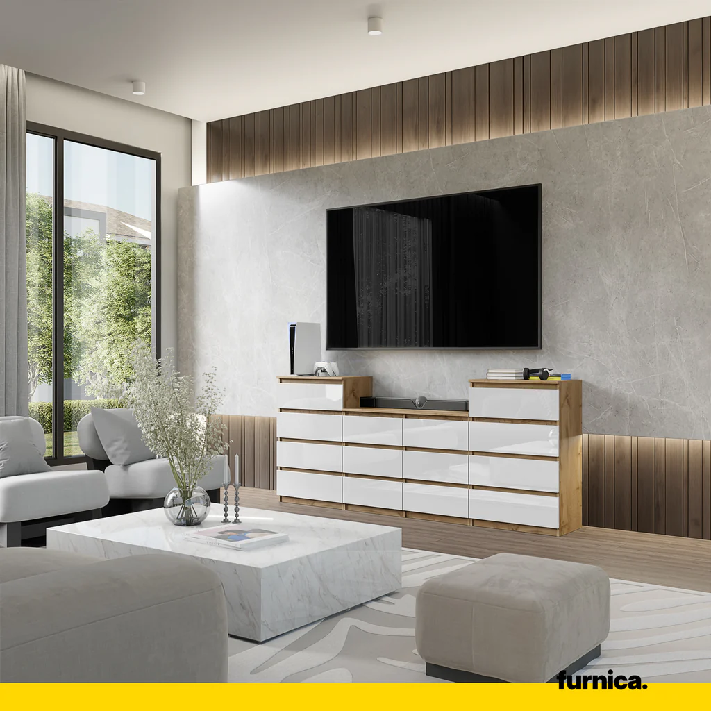 GABRIEL - Cómoda de 14 cajones (4+6+4) - Armario de almacenamiento para el dormitorio - Aparador - Roble Wotan / Blanco Brillante A92cm A220cm P33cm