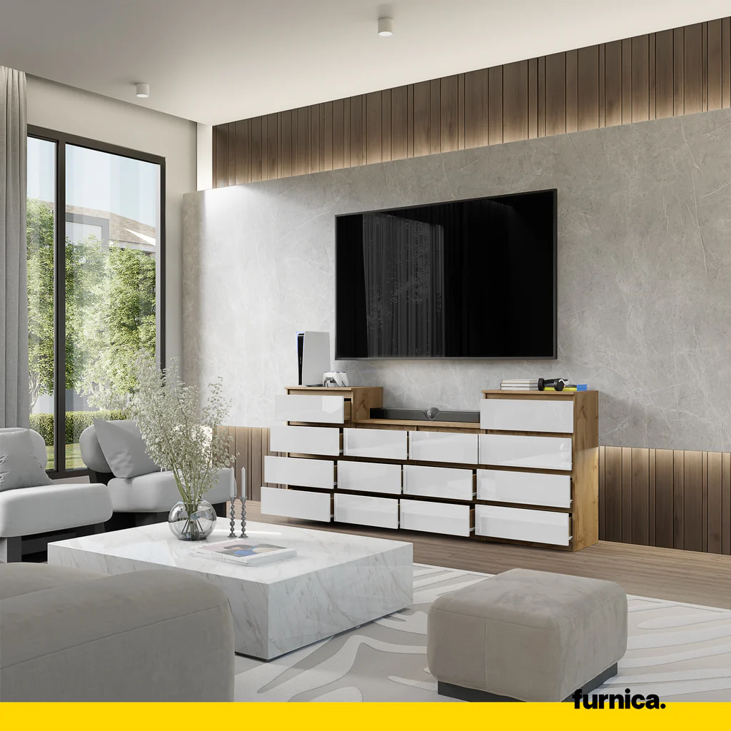 GABRIEL - Cómoda de 14 cajones (4+6+4) - Armario de almacenamiento para el dormitorio - Aparador - Roble Wotan / Blanco Brillante A92cm A220cm P33cm