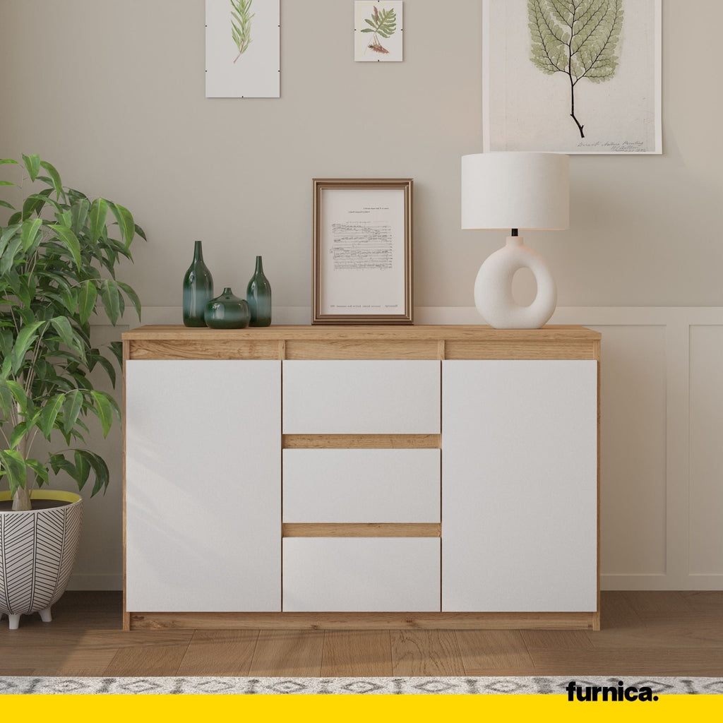 MIKEL - Cómoda de 3 cajones y 2 puertas - Armario de almacenamiento para el dormitorio - Aparador - Roble Wotan / Blanco Mate - A75cm A120cm P35cm