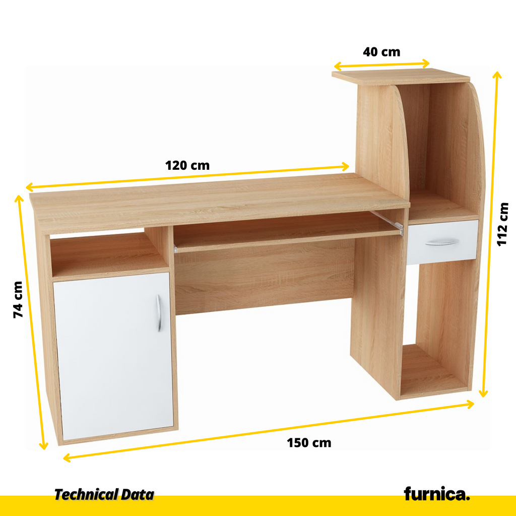 ROBIN - Escritorio de ordenador con 1 cajón y 1 puerta y bandeja para teclado - Roble Sonoma / Blanco Mate - A112cm A150cm P50cm