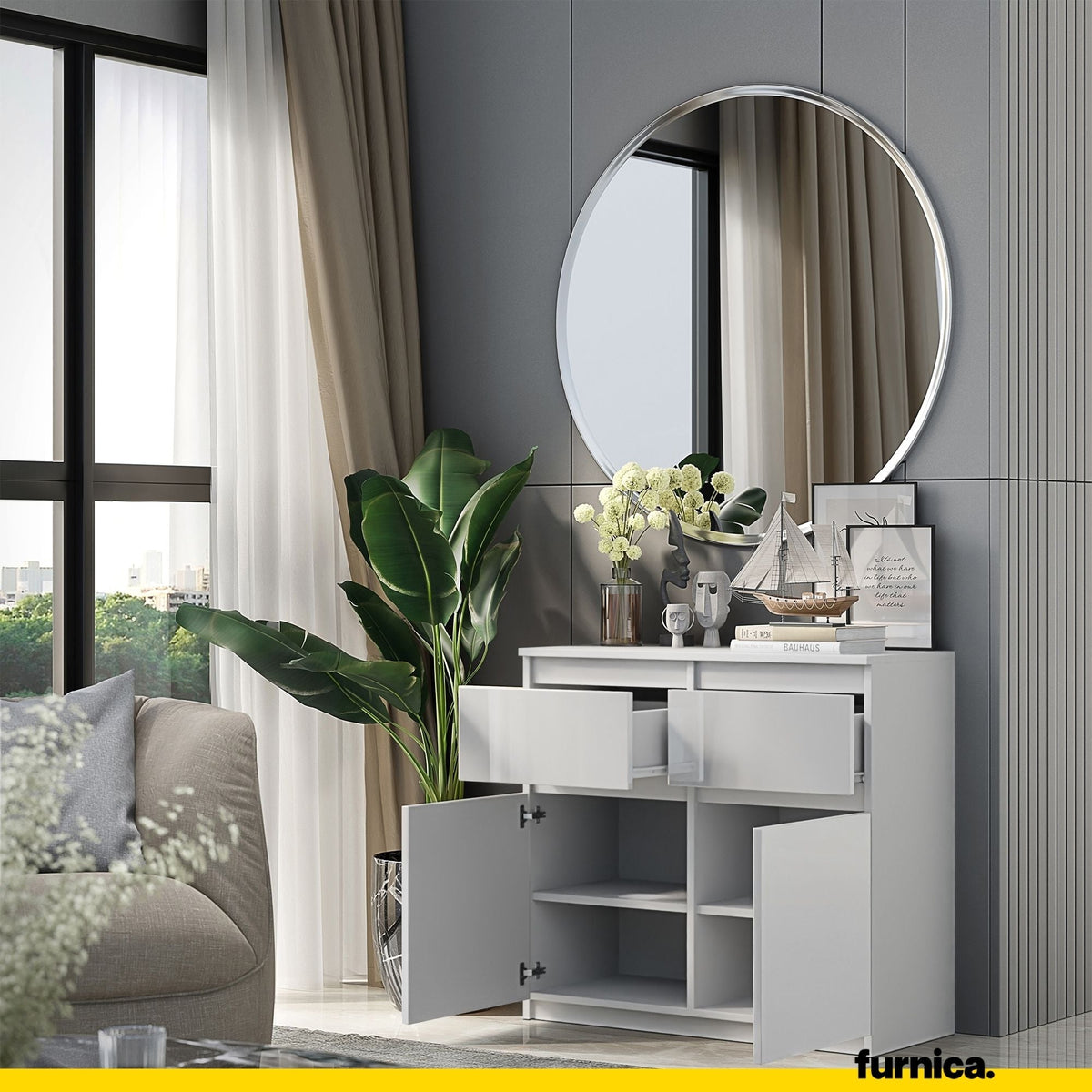 NOAH - Cómoda de 2 cajones y 2 puertas - Armario de almacenamiento para dormitorio - Blanco Mate / Blanco Brillante - (4)