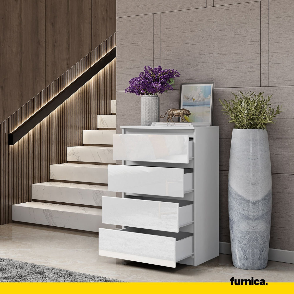 GABRIEL - Cómoda de 4 cajones - Armario de almacenamiento para dormitorio - Blanco Mate / Blanco Brillante A92cm A60cm (4)