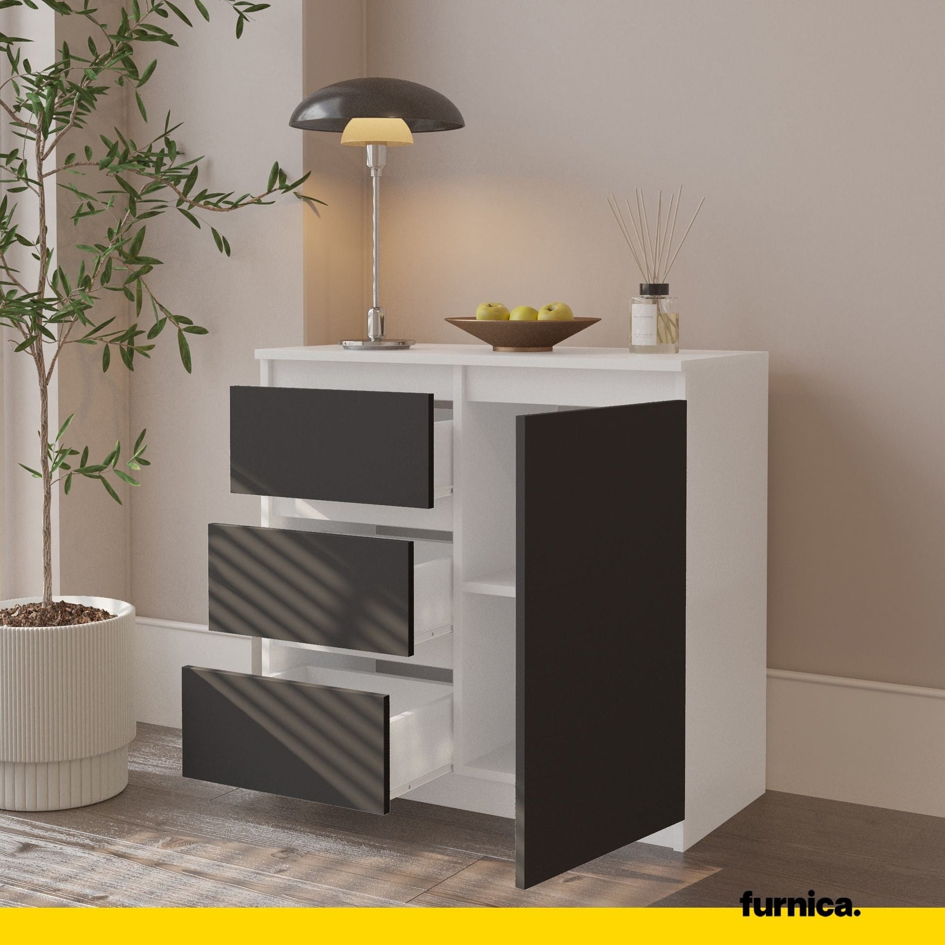 MIKEL - Cómoda de 3 cajones y 1 puerta - Armario de almacenamiento para dormitorio - Blanco Mate / Antracita A75cm A80cm (5)