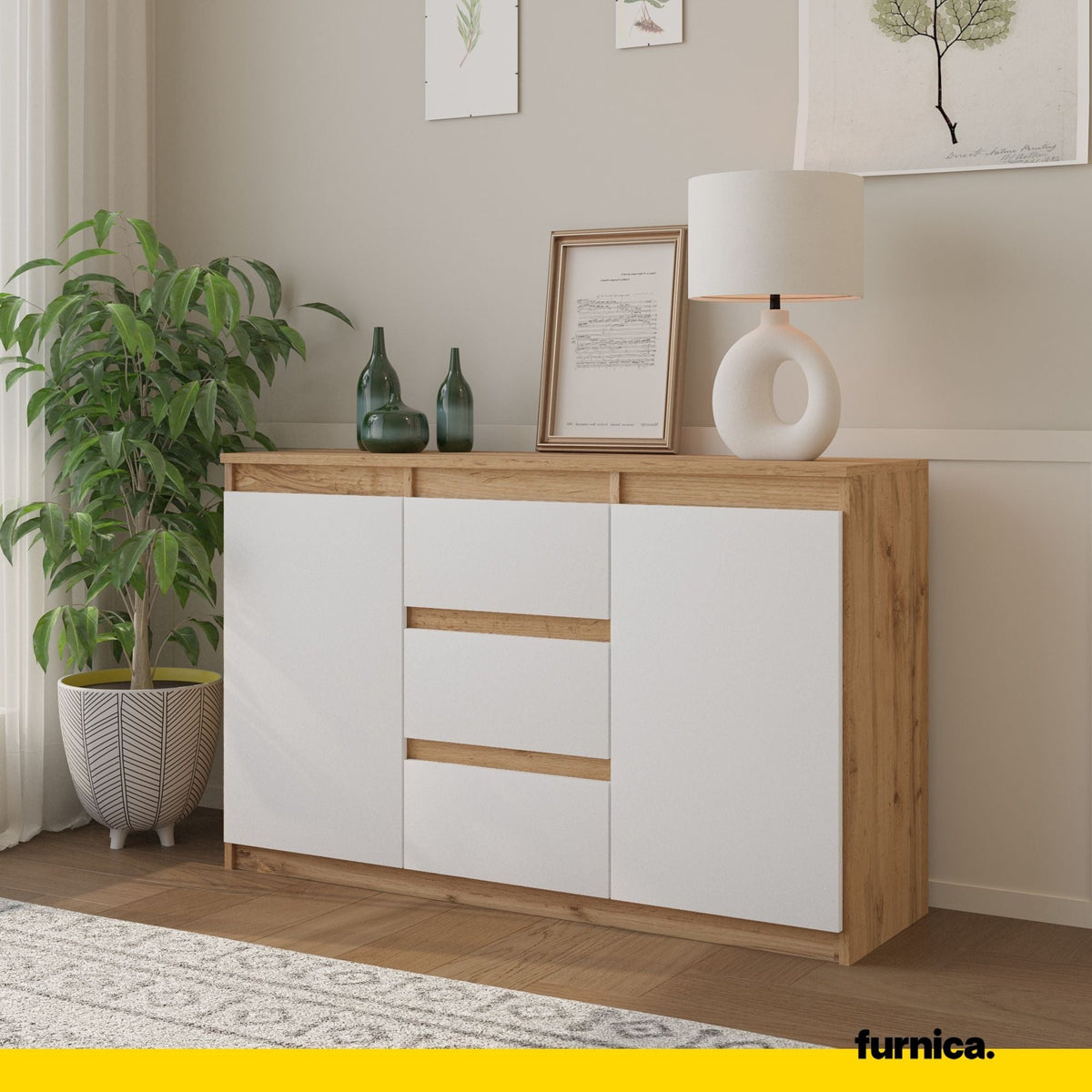 MIKEL - Cómoda de 3 cajones y 2 puertas - Armario de almacenamiento para el dormitorio - Aparador - Roble Wotan / Blanco (4)