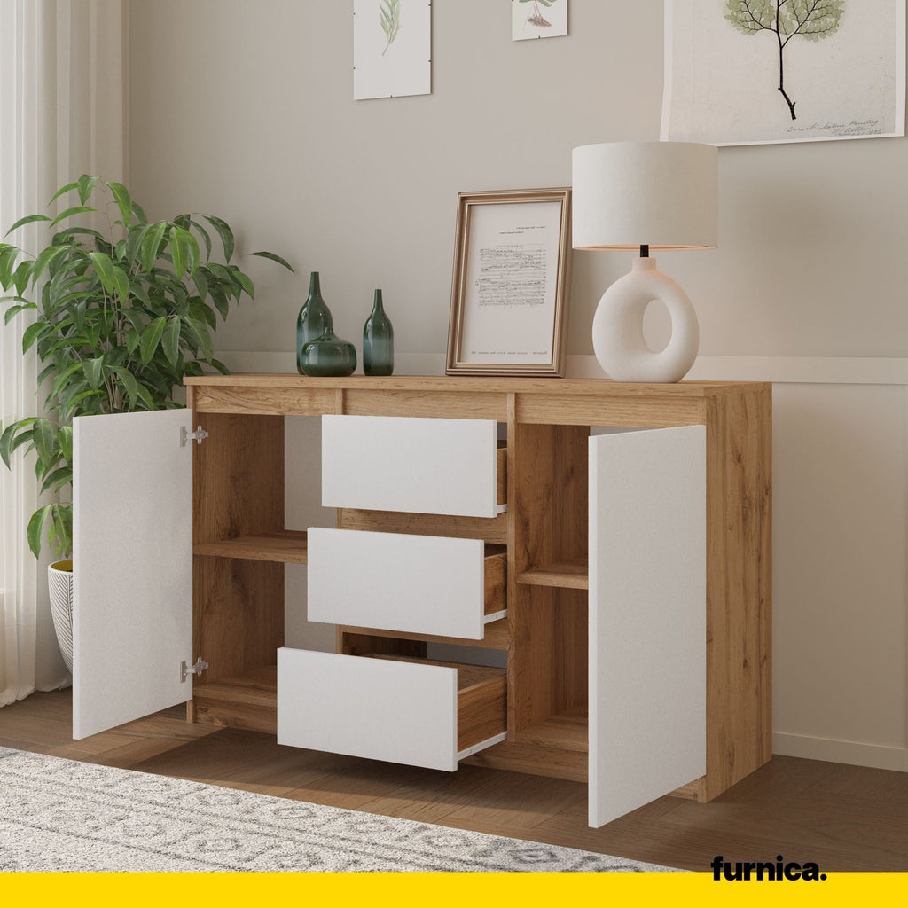MIKEL - Cómoda de 3 cajones y 2 puertas - Armario de almacenamiento para el dormitorio - Aparador - Roble Wotan / Blanco Mate - A75cm A120cm P35cm
