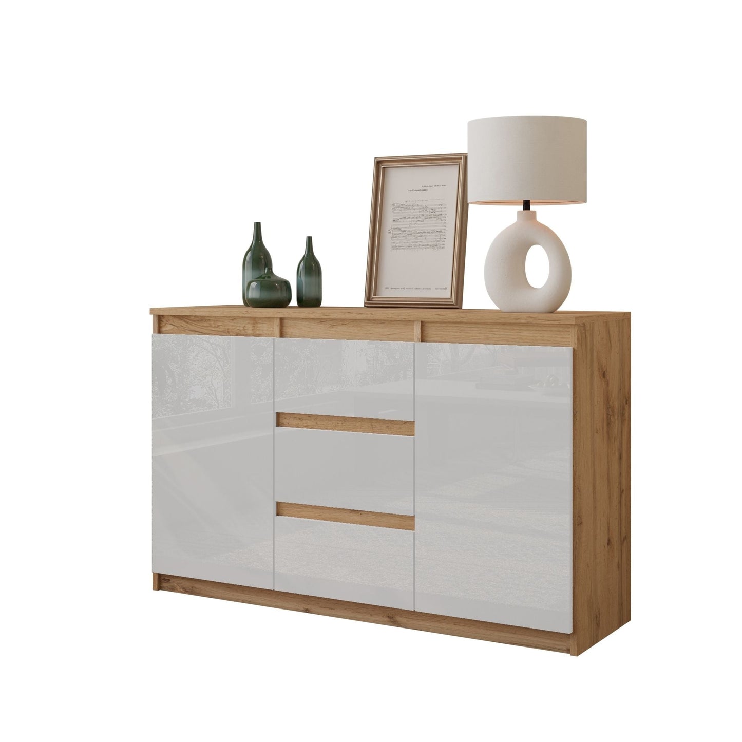 MIKEL - Cómoda de 3 cajones y 2 puertas - Armario de almacenamiento para el dormitorio - Aparador - Roble Wotan / Blanco