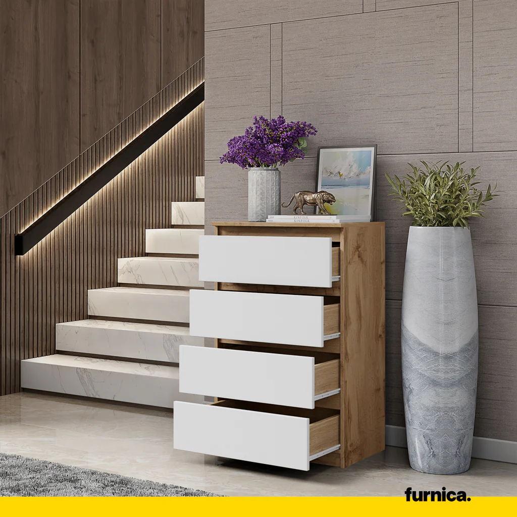 GABRIEL - Cómoda de 4 cajones - Armario de almacenamiento para el dormitorio - Aparador - Roble Wotan / Blanco Mate (3)