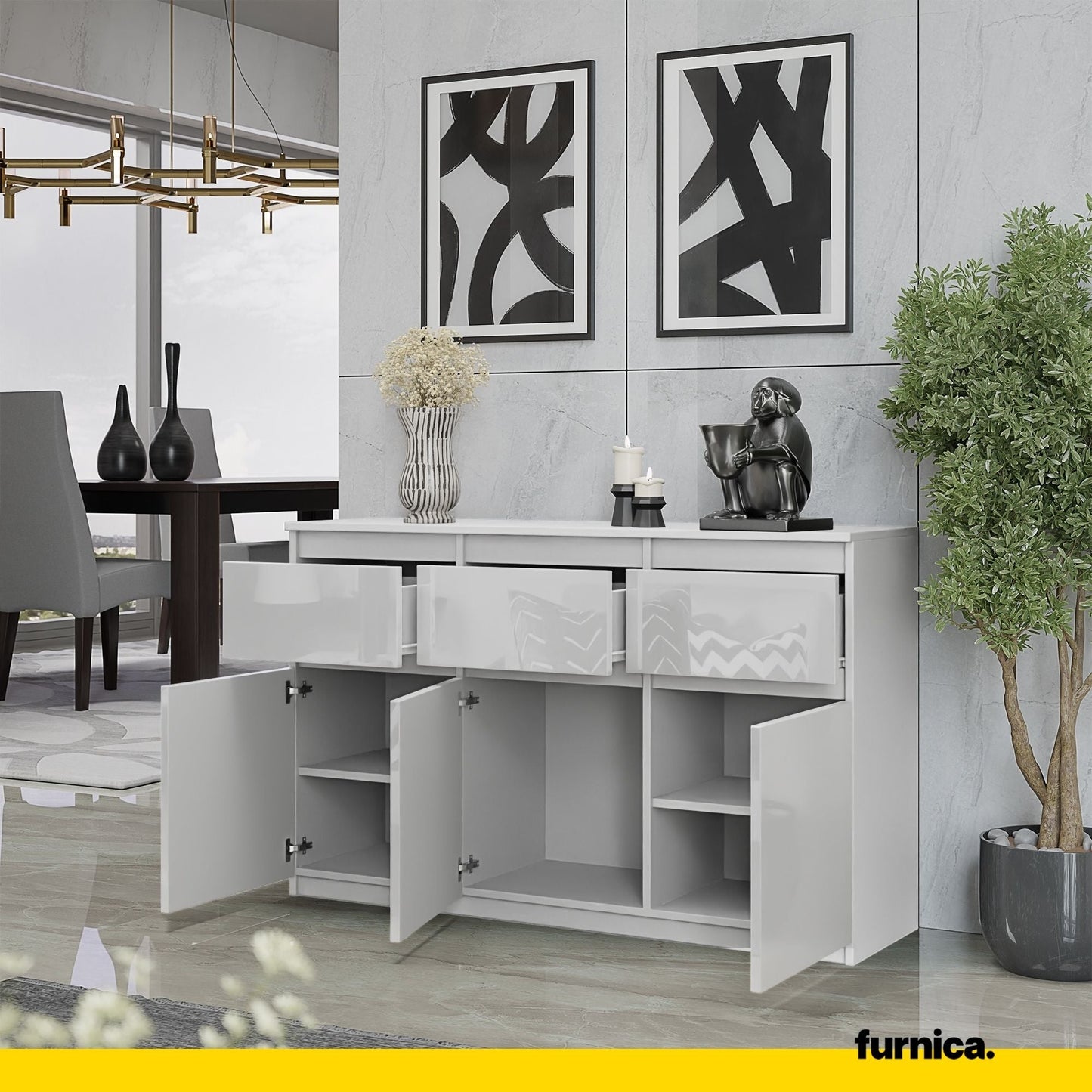 NOAH - Cómoda de 3 cajones y 3 puertas - Armario de almacenamiento para dormitorio - Blanco Mate / Blanco Brillante - (4)
